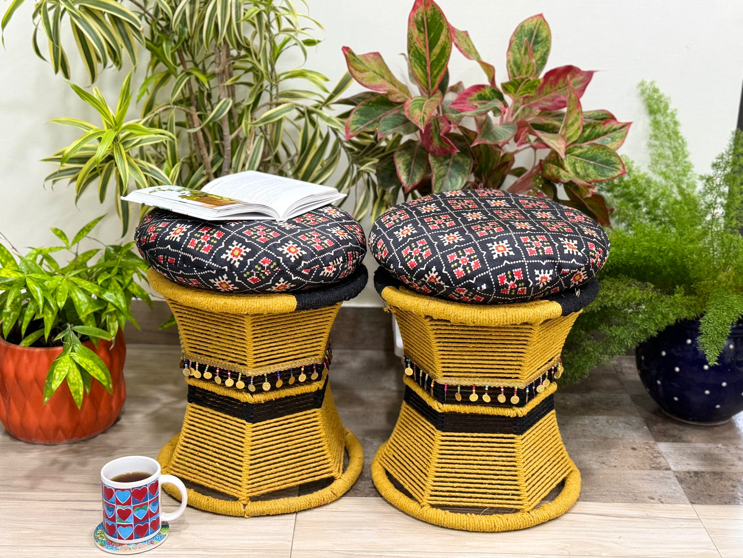 brown sitting mudda stool with cushion