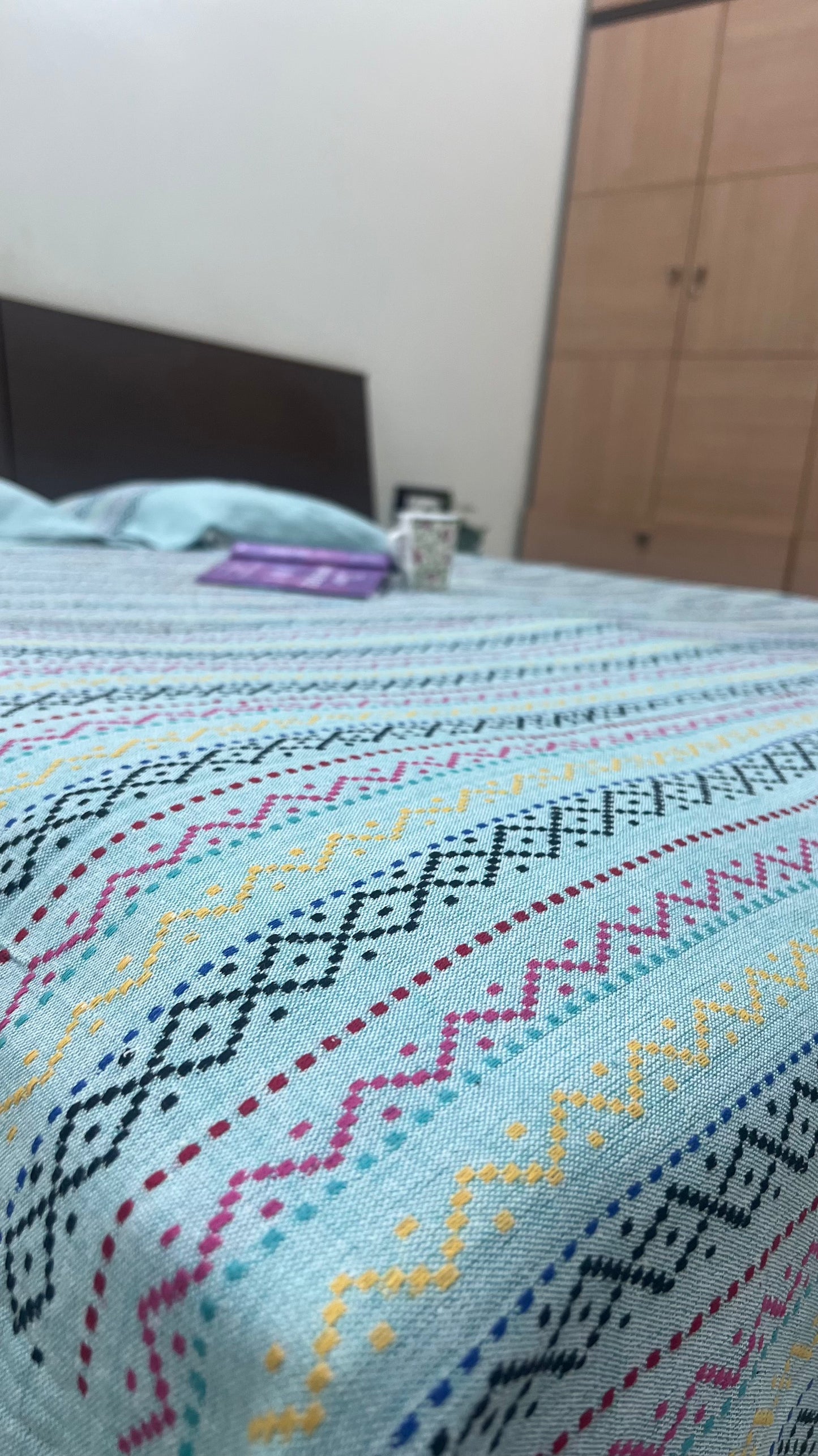 authentic indian handloom work blue double bed cover with pillow cases for unique gifts
