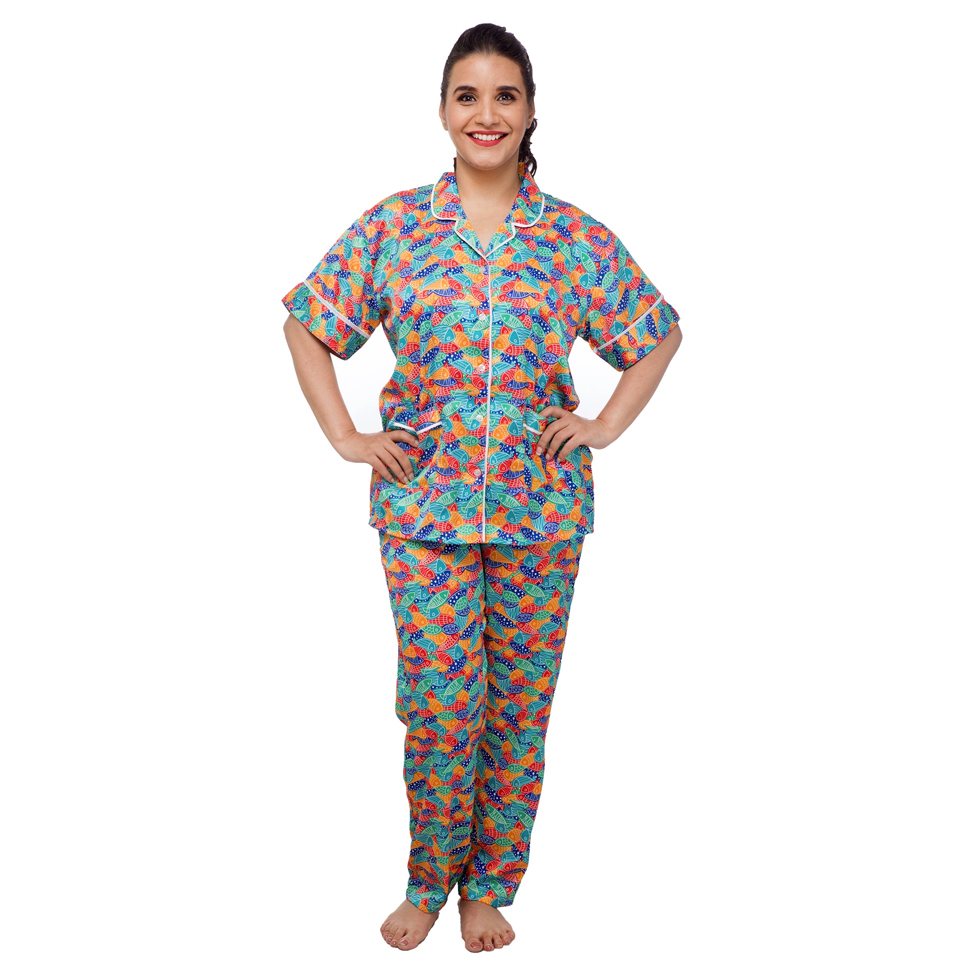 Fish-print-women's-satin-night-suit-set-online