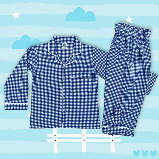 Blue Checkered Cotton Girls Night Suit