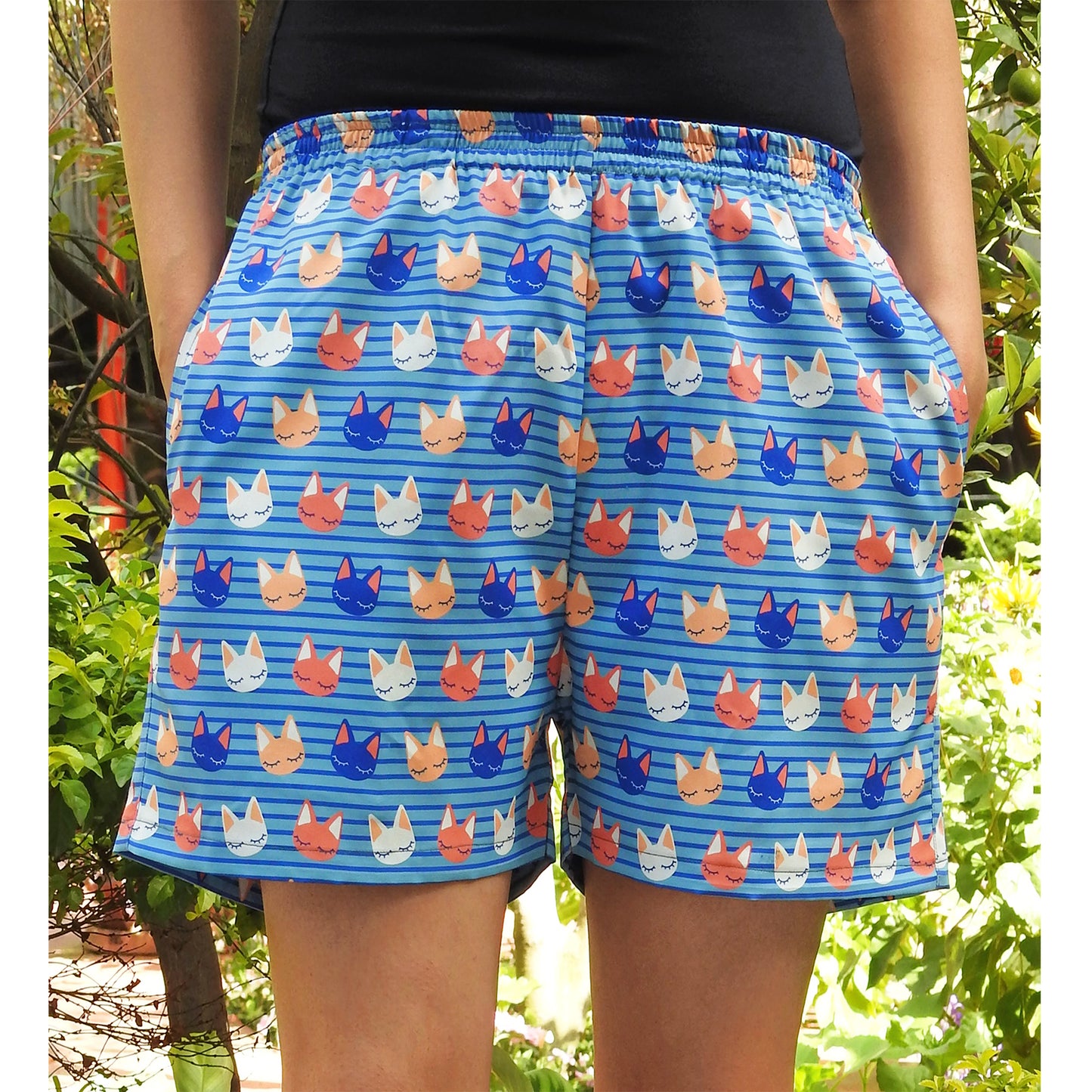cute cat print boxer shorts with pockets for women