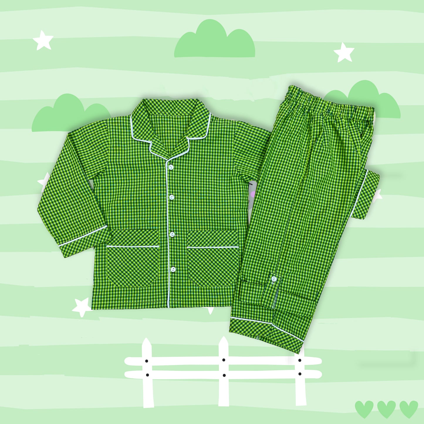 Green Checkered Boys Cotton Night Suit