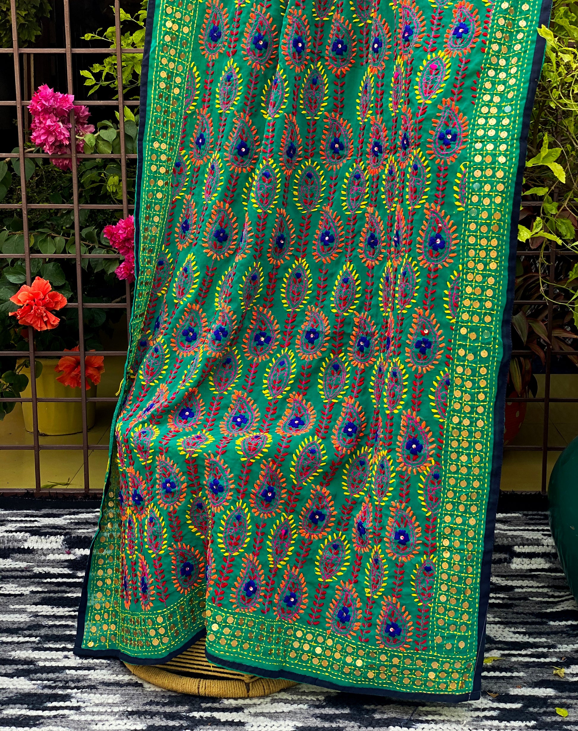 green-phulkari-dupatta-online-for-functions-India