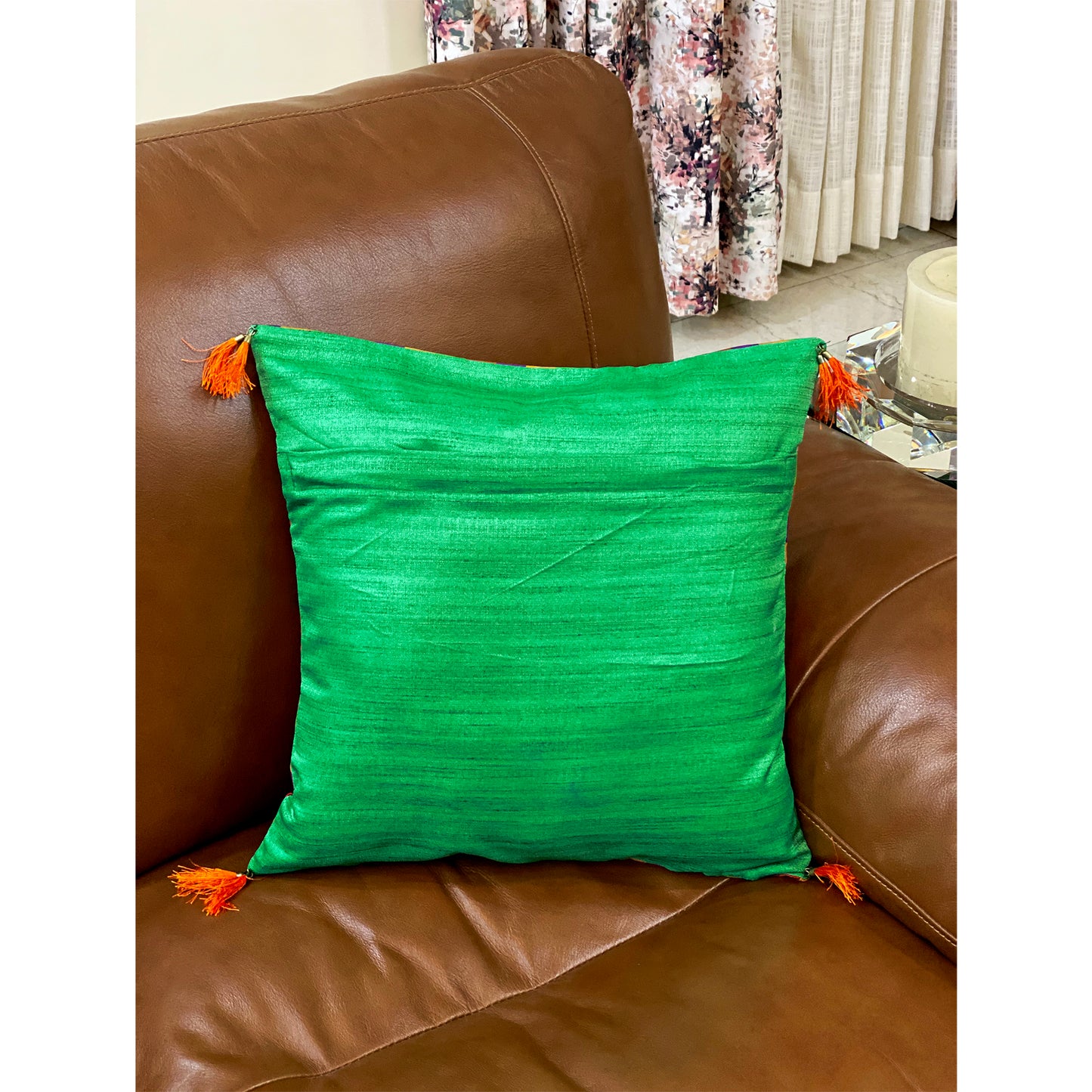 Festive Green Silk Cushion Cover With Colourful Border