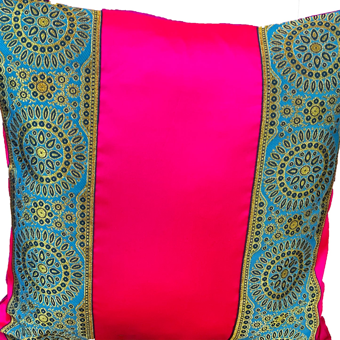 Bright Pink Silk Cushion Cover With Blue