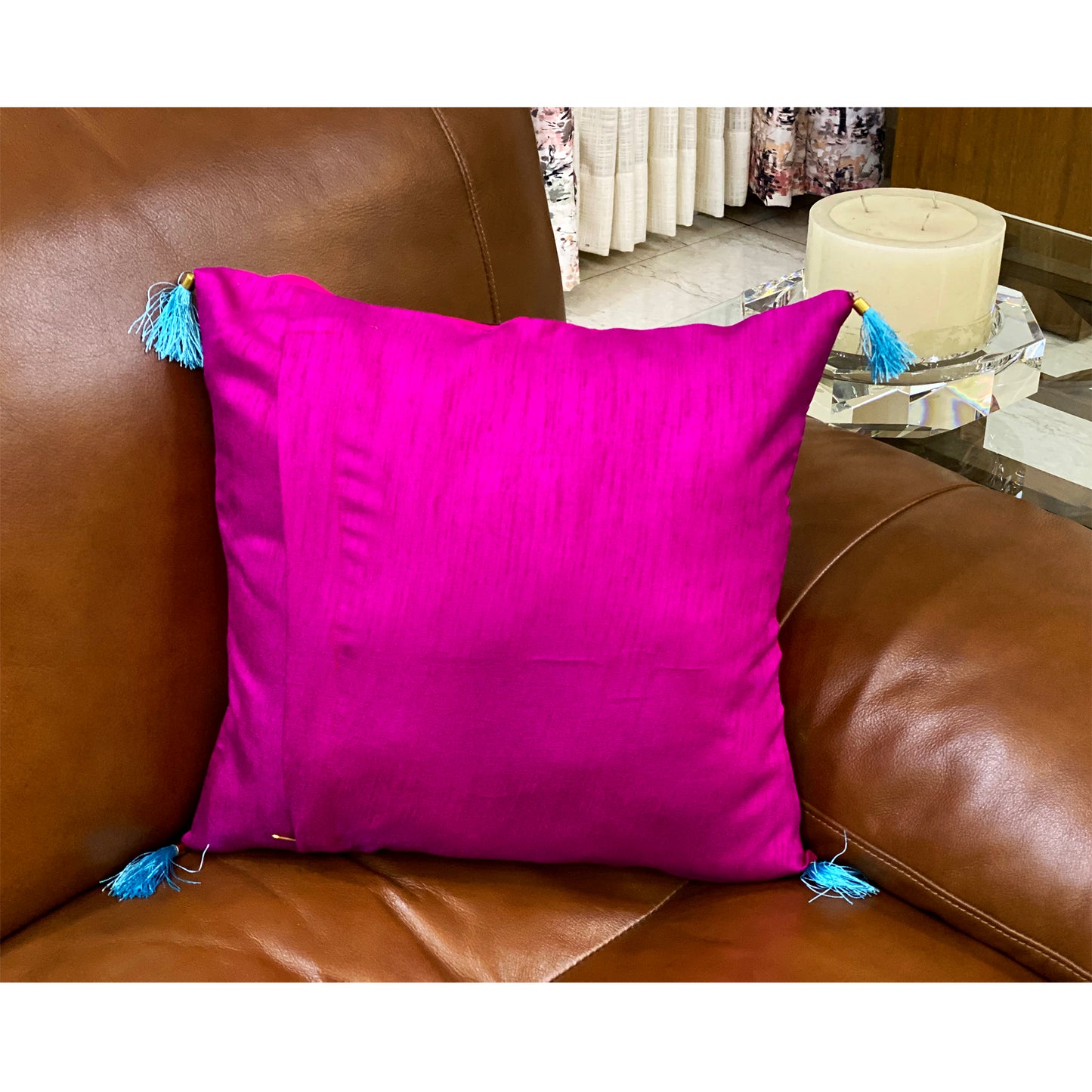 Bright Pink Silk Cushion Cover With Blue