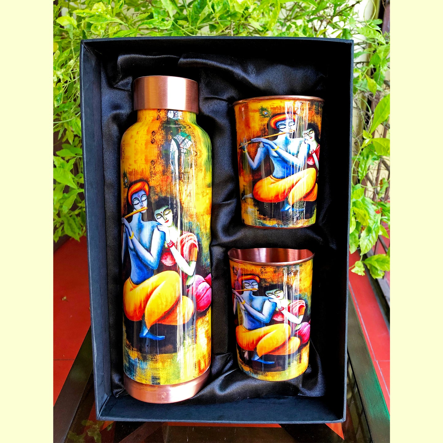 Radha Krishna Copper Bottle & Glass Set