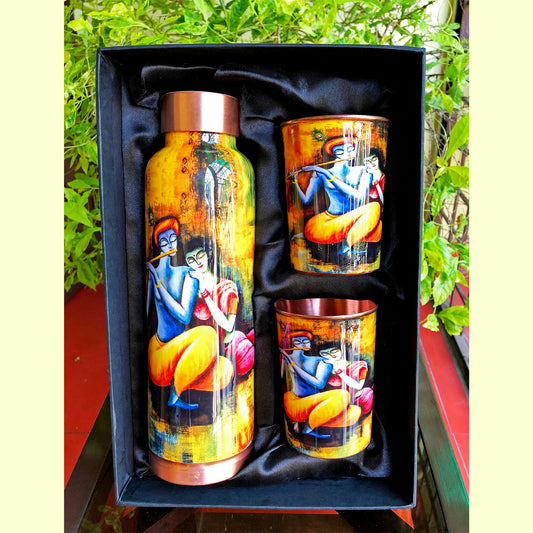 Radha Krishna Copper Bottle & Glass Set