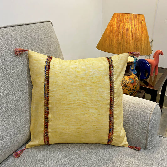 light yellow cotton cushion cover with tassels