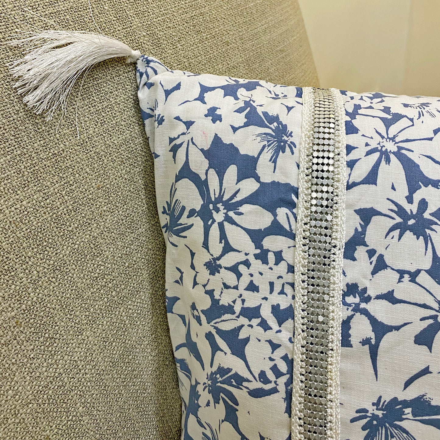 blue and white cotton floral cushion cover