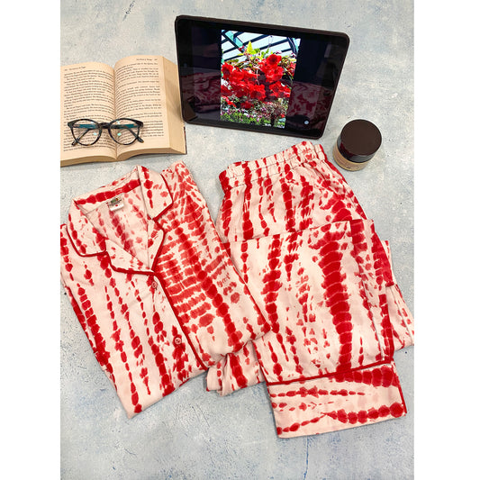 Red & Ivory Shibori Night Suit