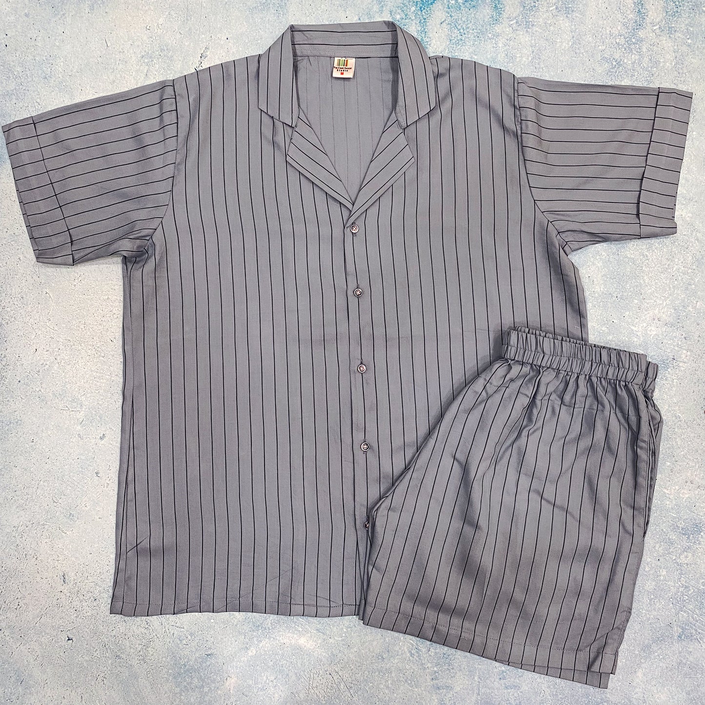 Elegant Grey & Black Striped Night Suit With Shorts