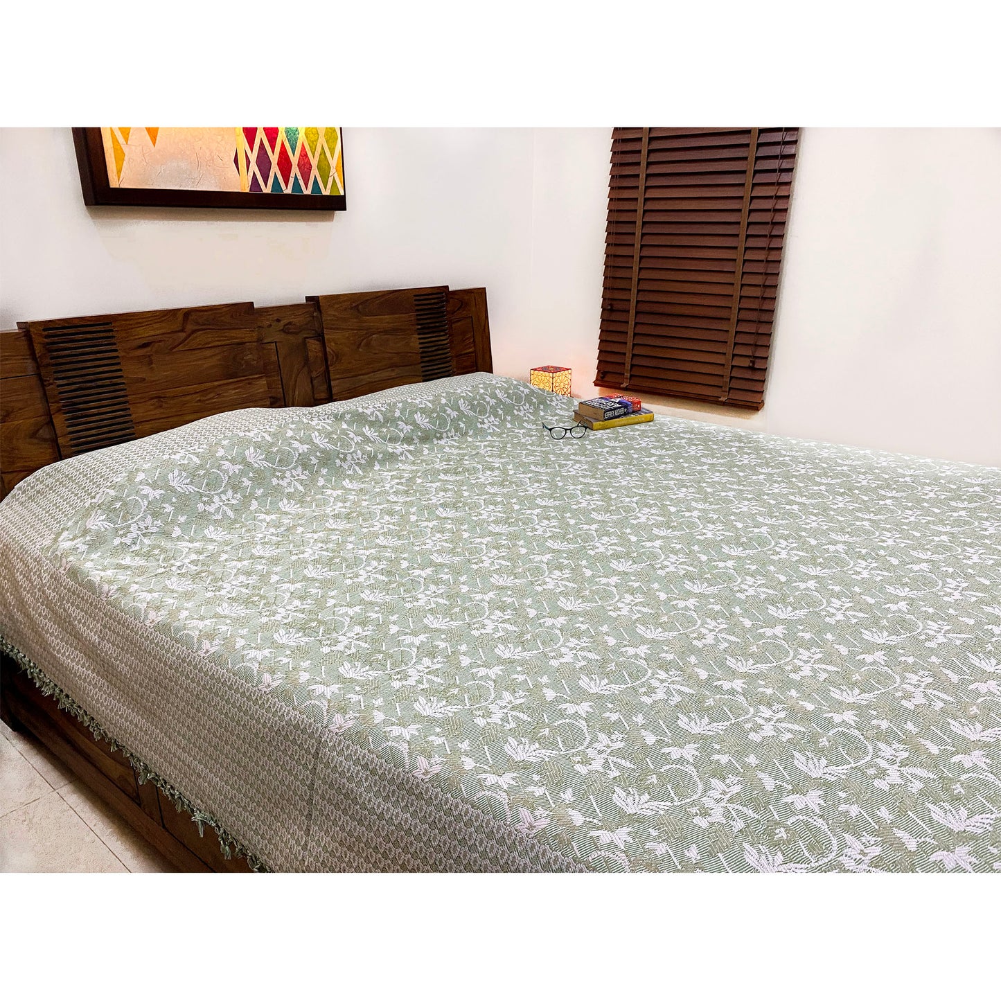 Pastel Green Jacquard Reversible Bed Cover
