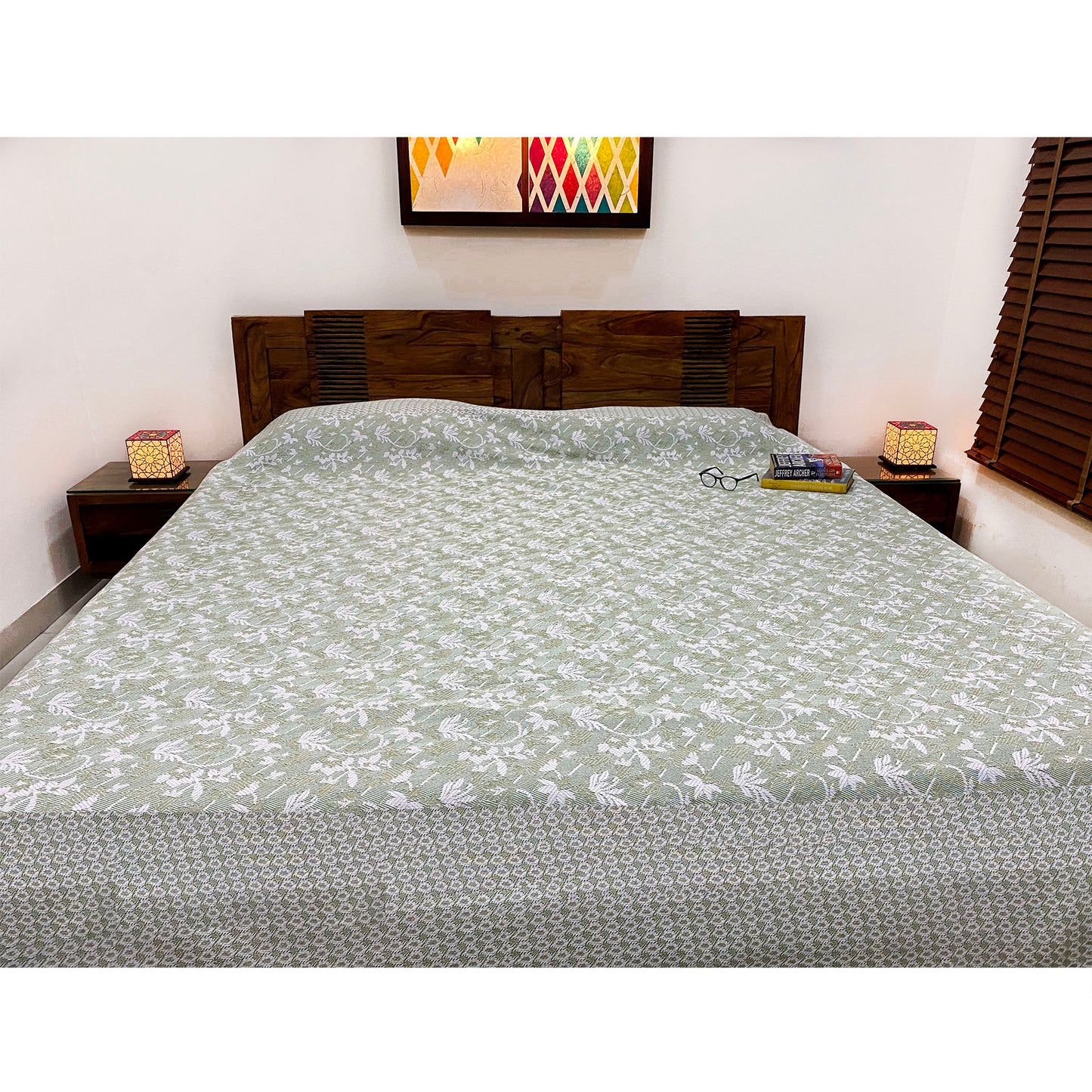 Pastel Green Jacquard Reversible Bed Cover
