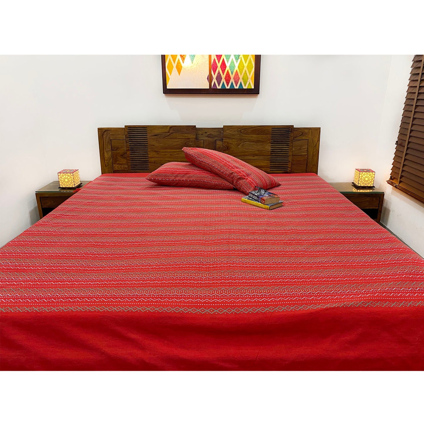 Scarlet Red Handloom Bed Cover With Pillow Covers