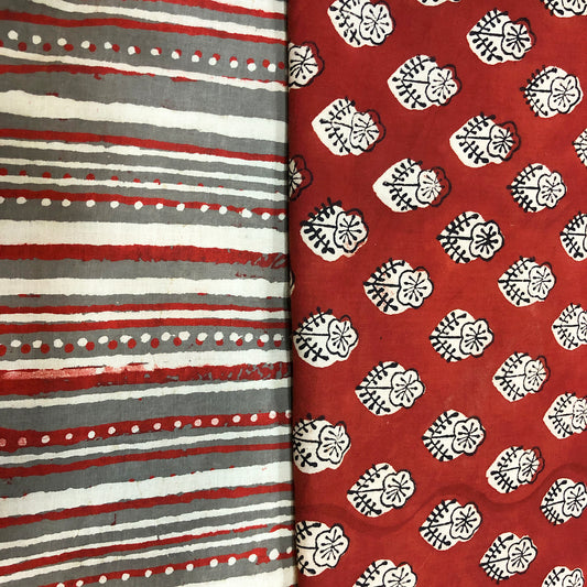 Summery Red & Grey Cotton Fabric Suit Length