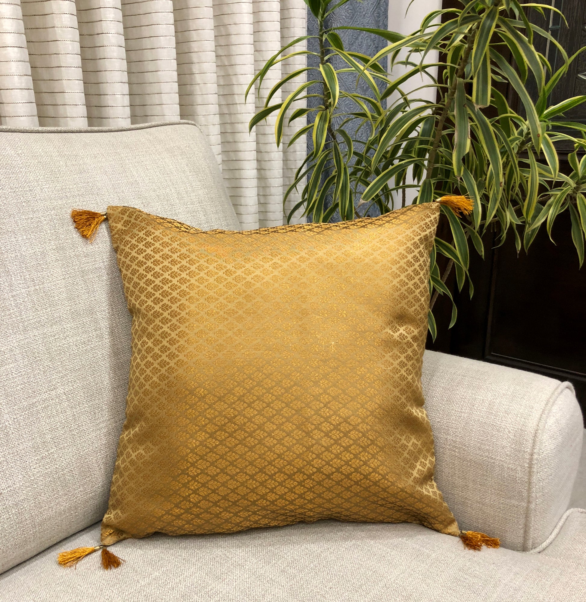 fused gold and bronze silk cushion cover with tassels for indian decor