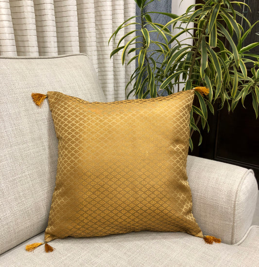 fused gold and bronze silk cushion cover with tassels for indian decor
