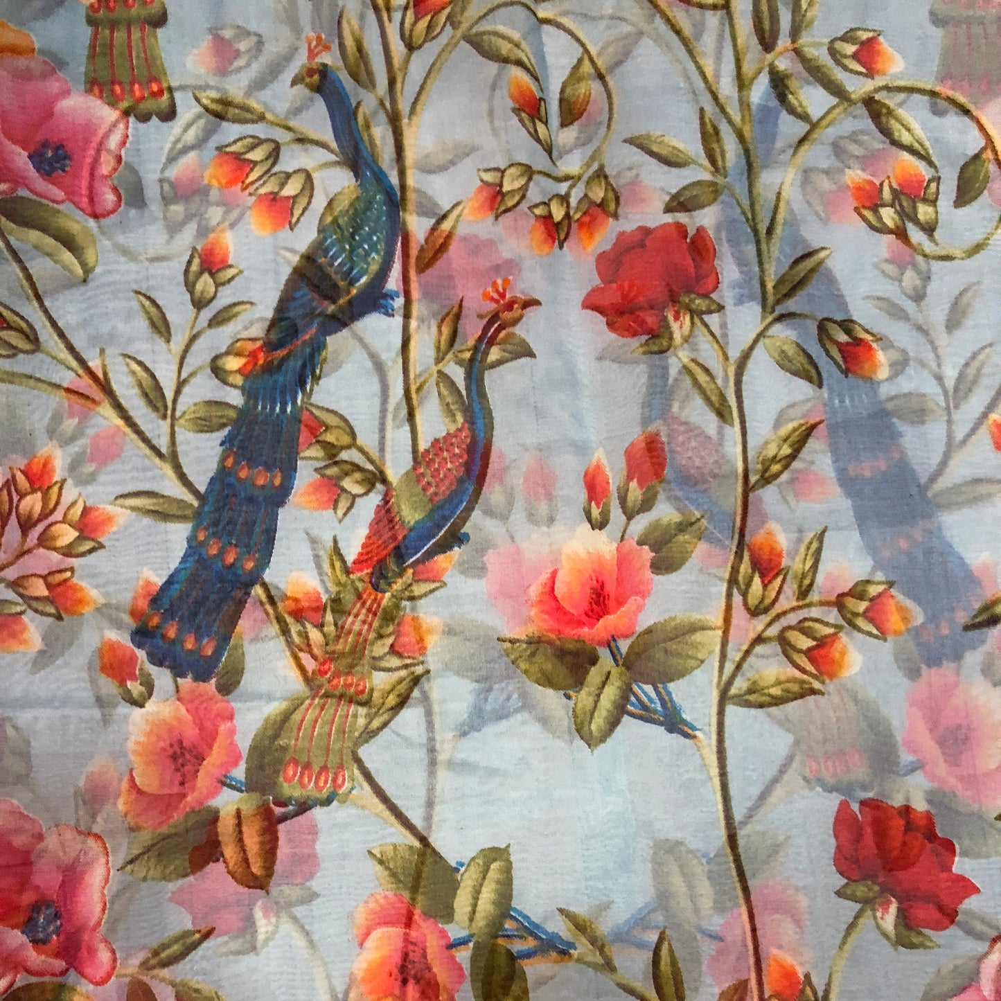 Peacock Print On Cool Blue Organza Tissue Silk Fabric