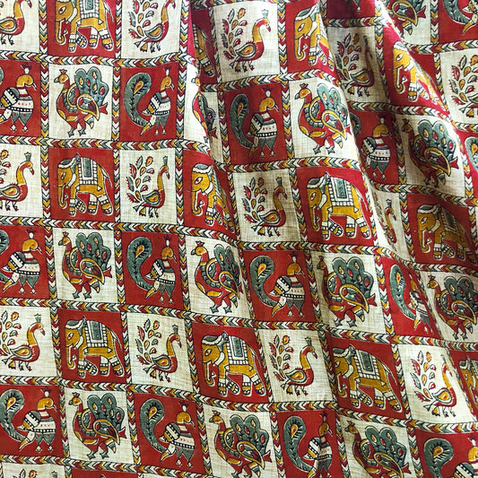 Tusser Silk Haathi Mor Dosti Print
