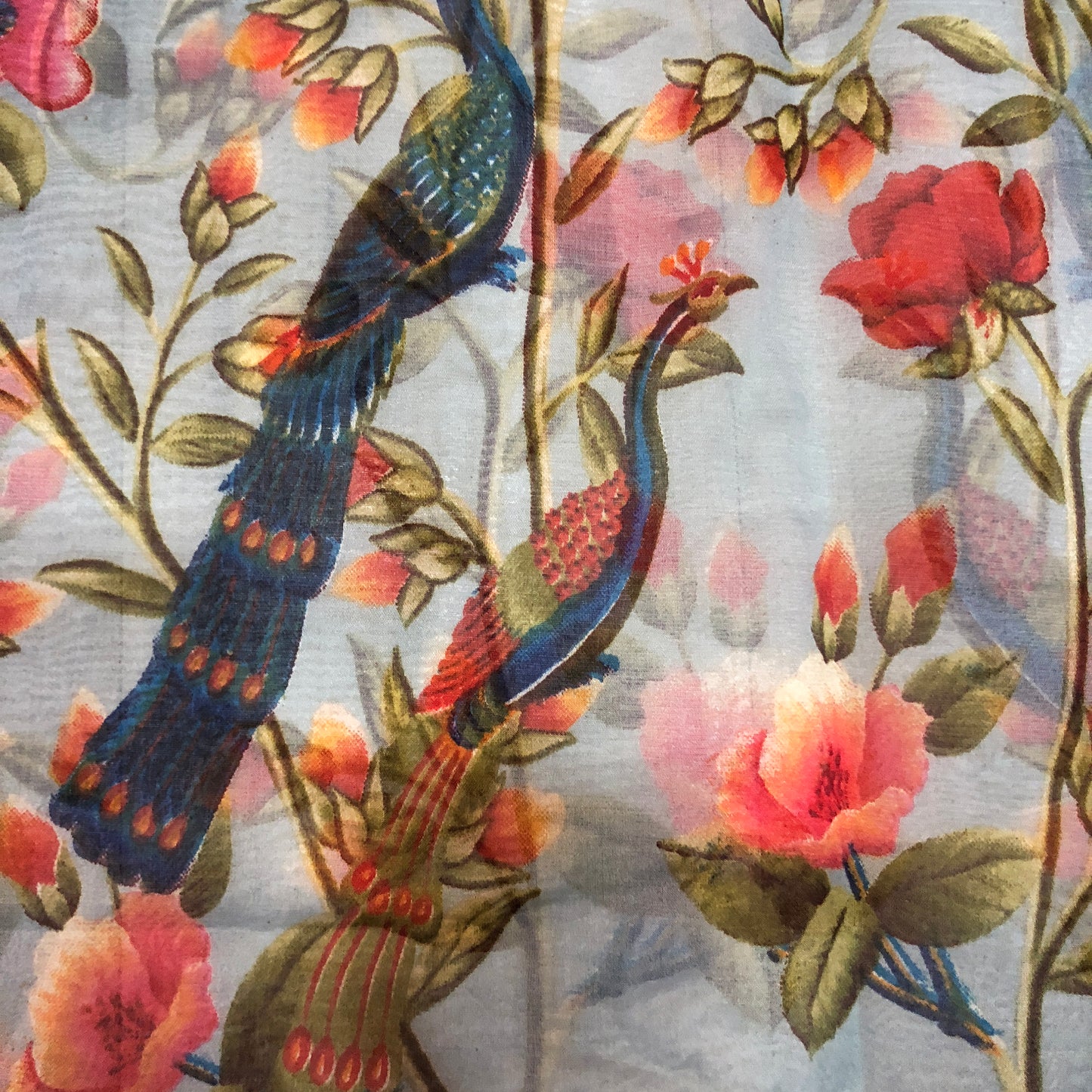 Peacock Print On Cool Blue Organza Tissue Silk Fabric