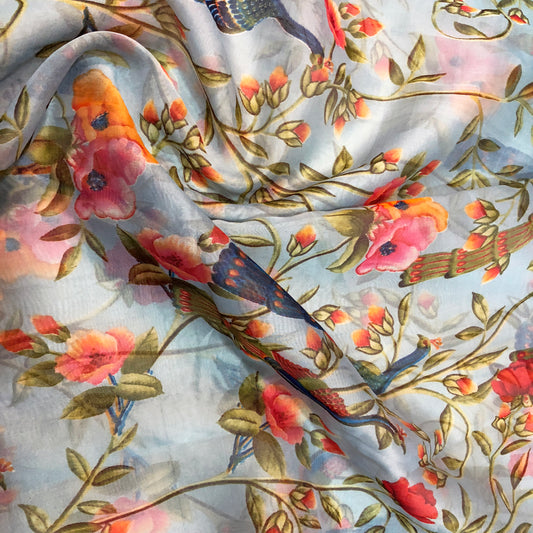 Peacock Print On Cool Blue Organza Tissue Silk Fabric