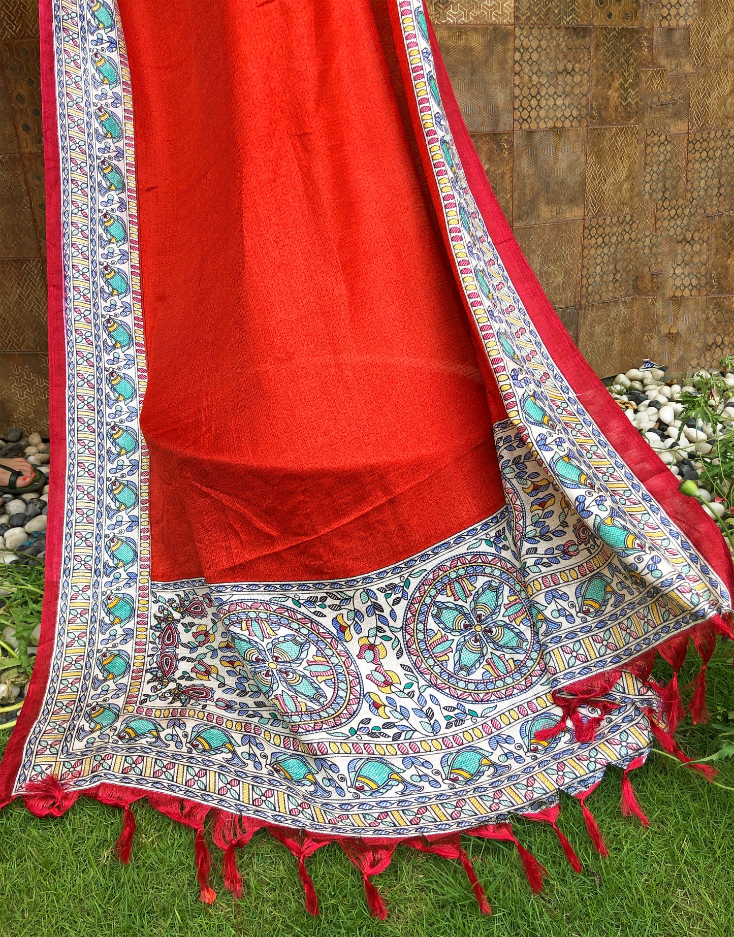 Scarlet Red Dupatta With Madhbani Border