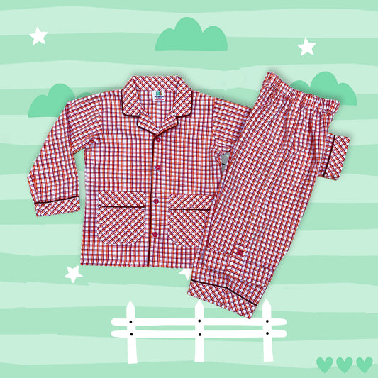 Maroon & Orange Checkered Boys Cotton Night Suit