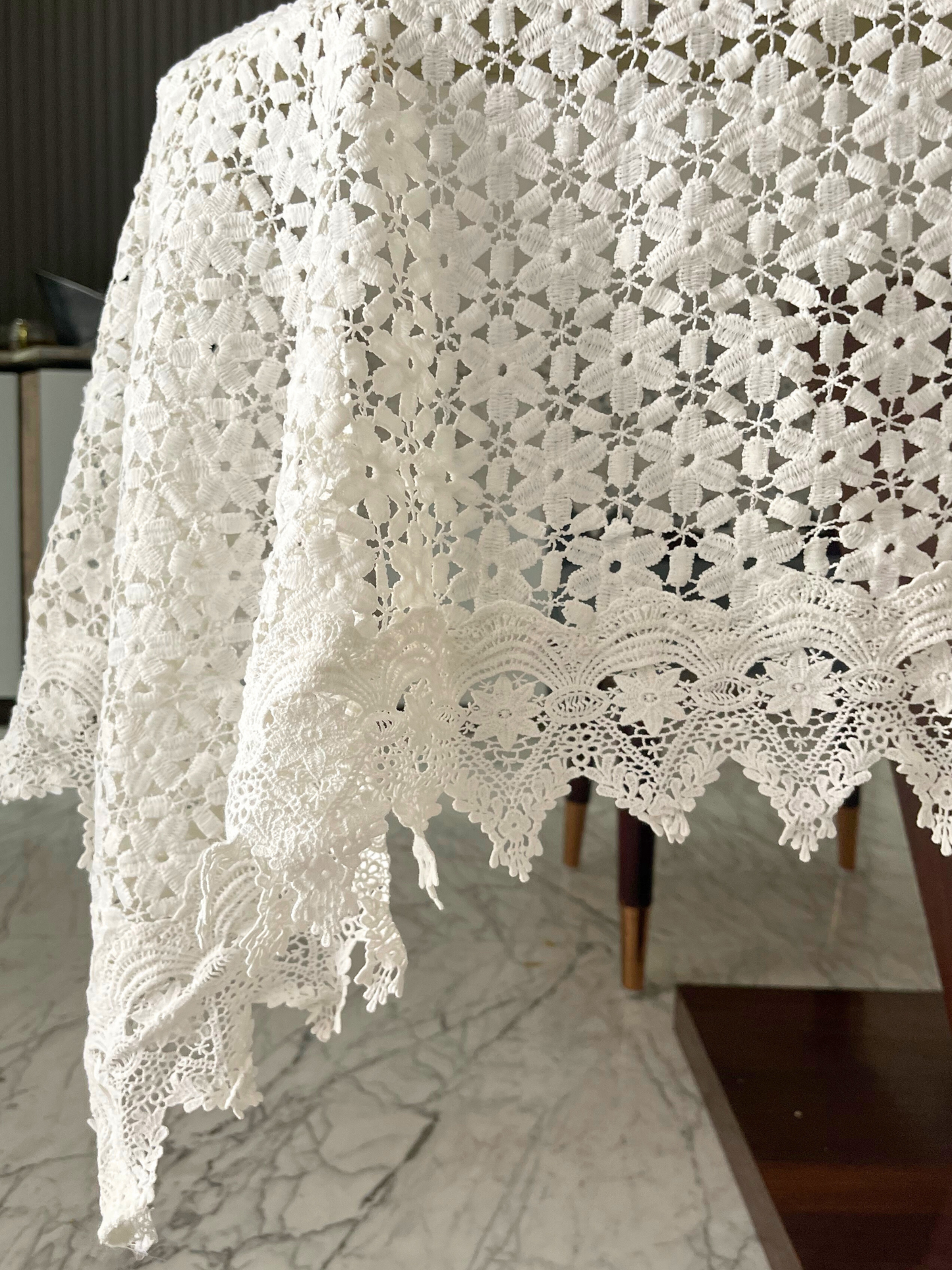 white lace and net table linen for tablescapes
