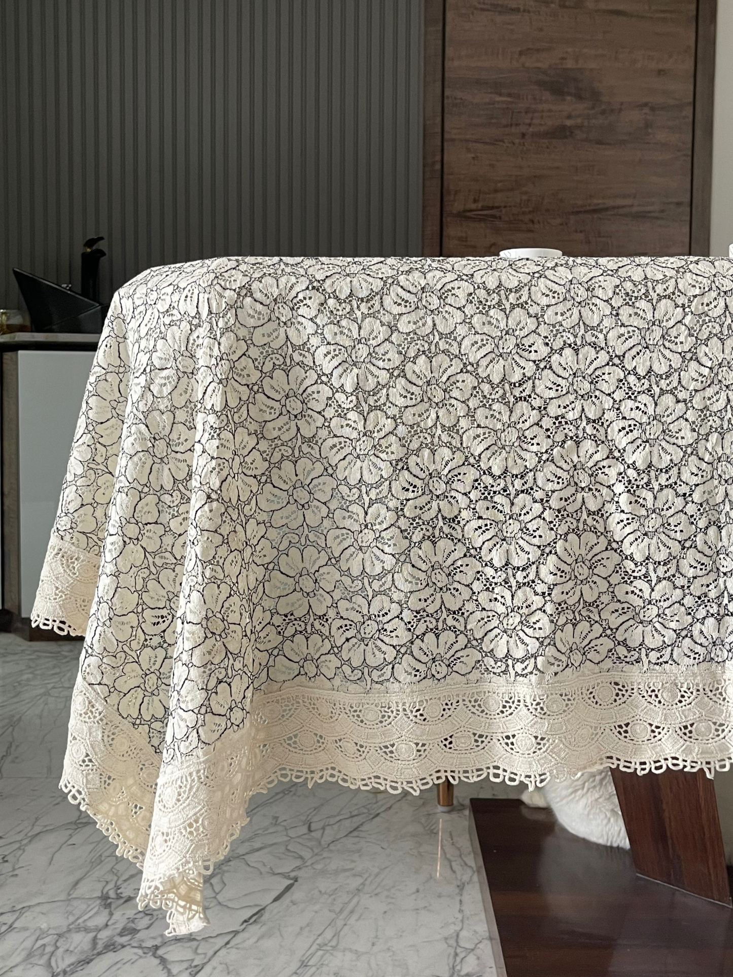 cream coloured net and lace table cloth for dining room