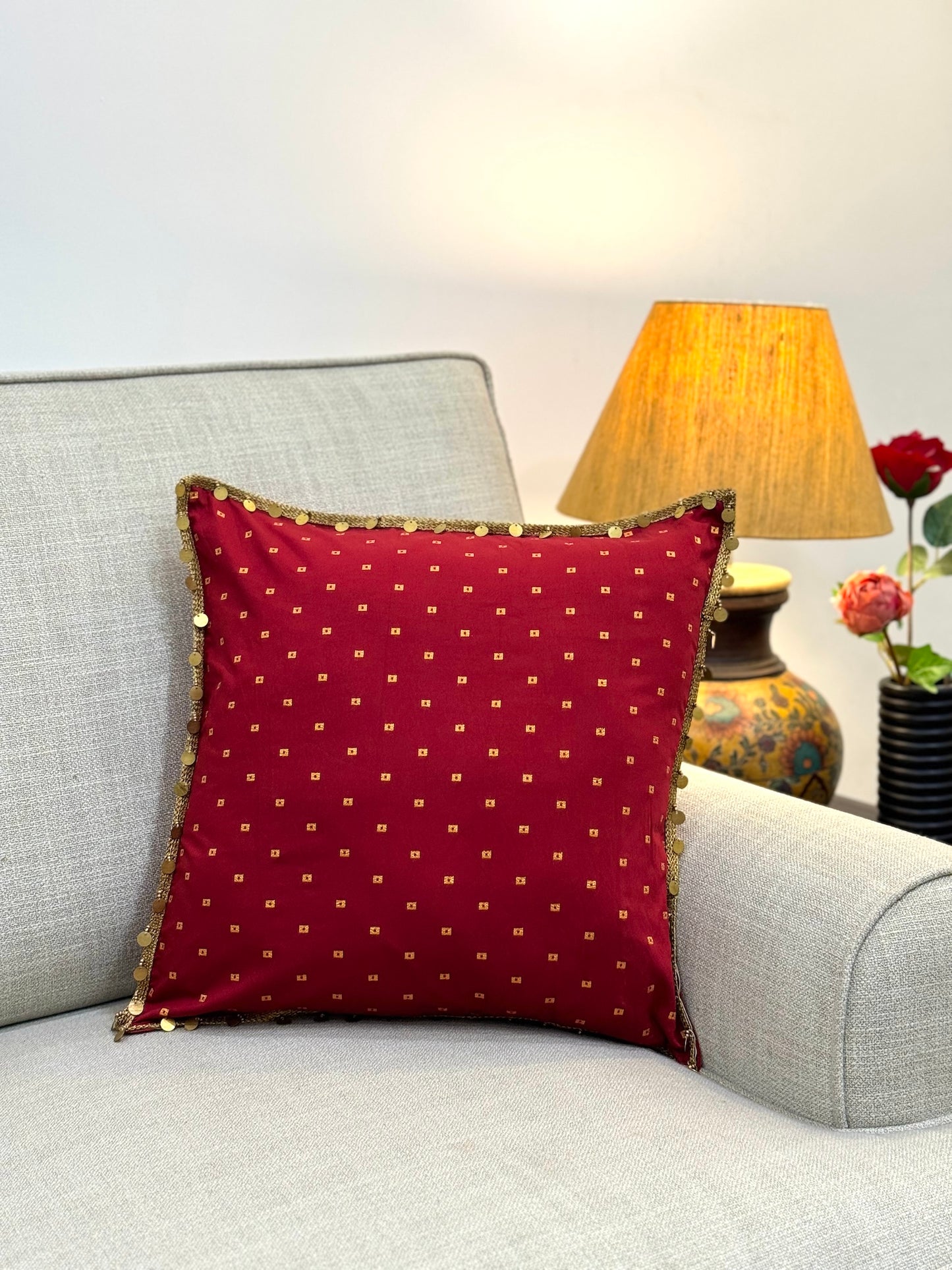 Maroon Silk Printed Cushion Cover