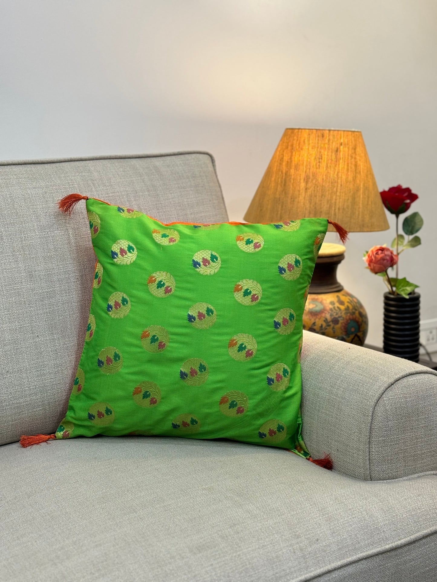 Green Brocade Festive Cushion Cover