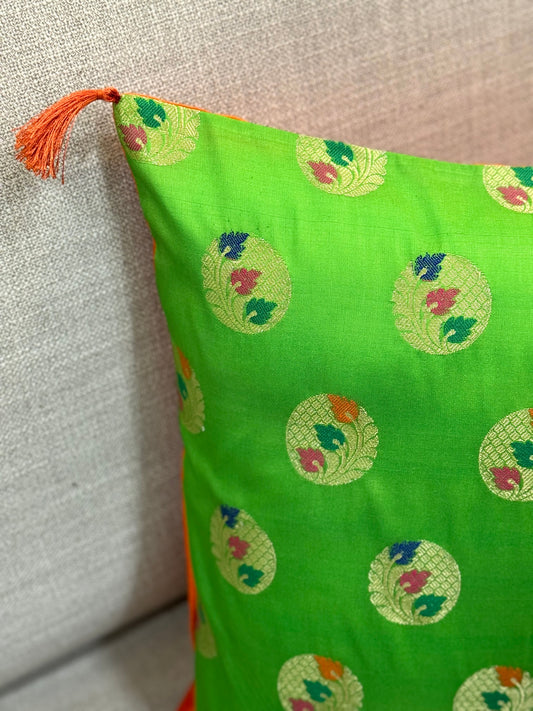 Green Brocade Festive Cushion Cover