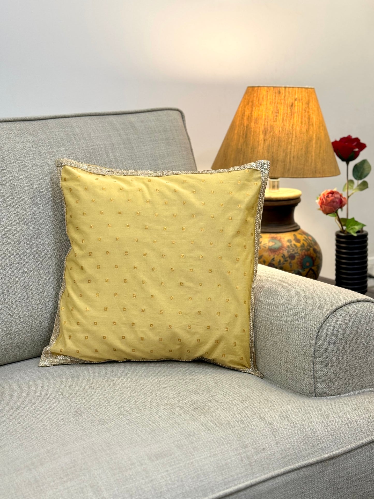 elegant light yellow silk cushion cover with white lace for sofa
