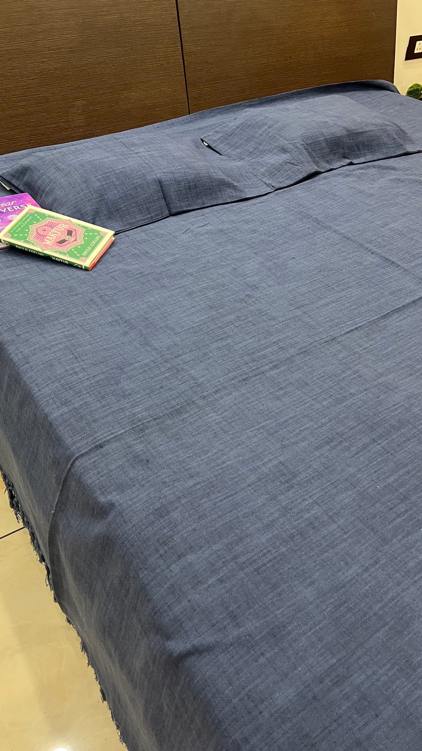 blue indian cotton handloom bedcover with matching pillow covers