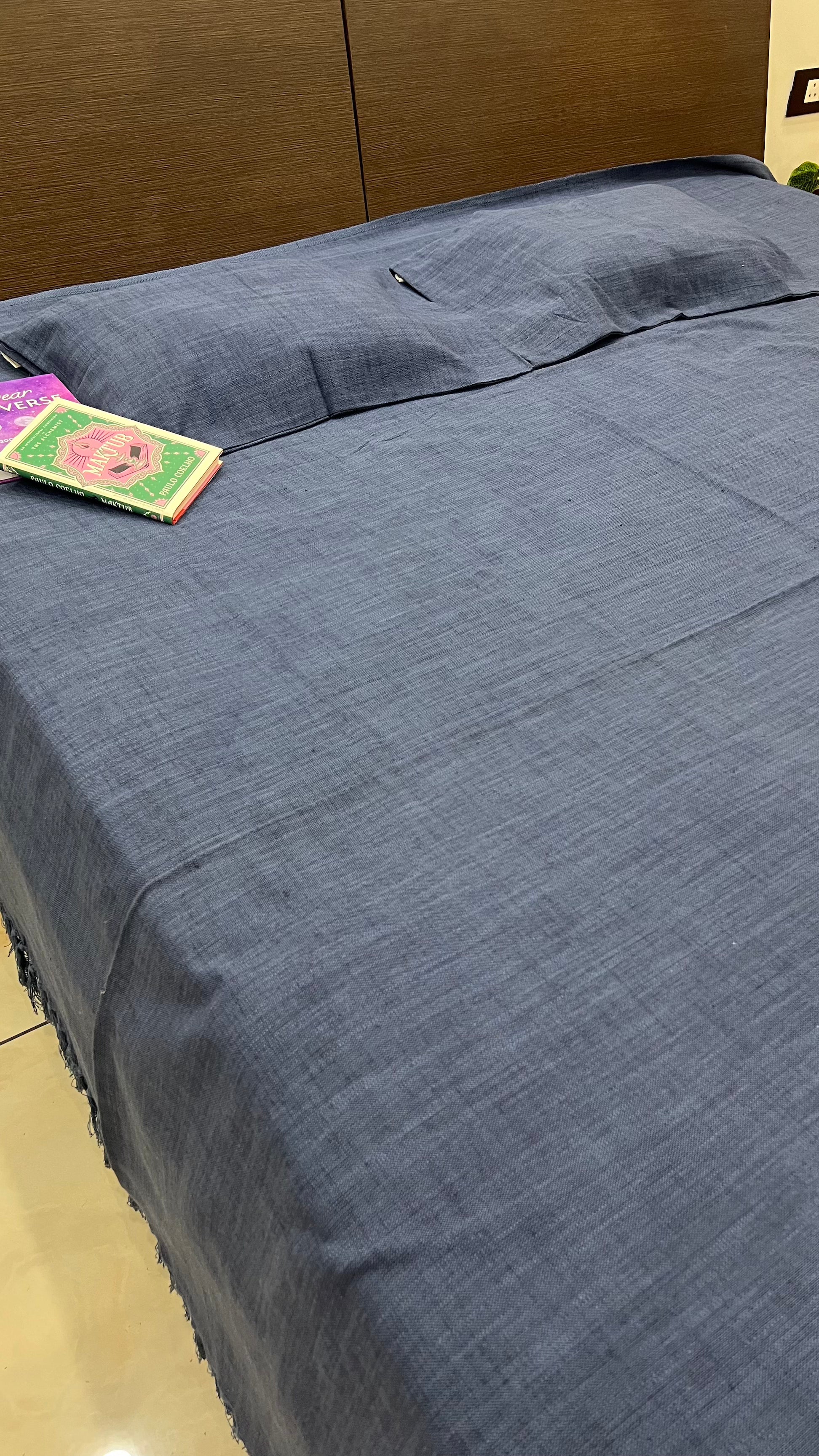 blue indian cotton handloom bedcover with matching pillow covers