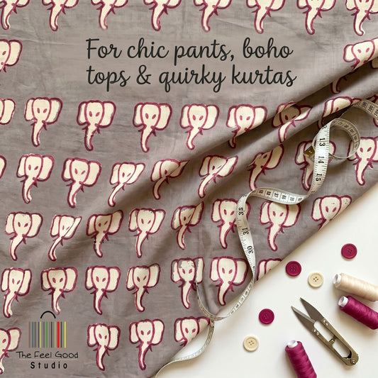 Quirky Elephants Block Print Fabric