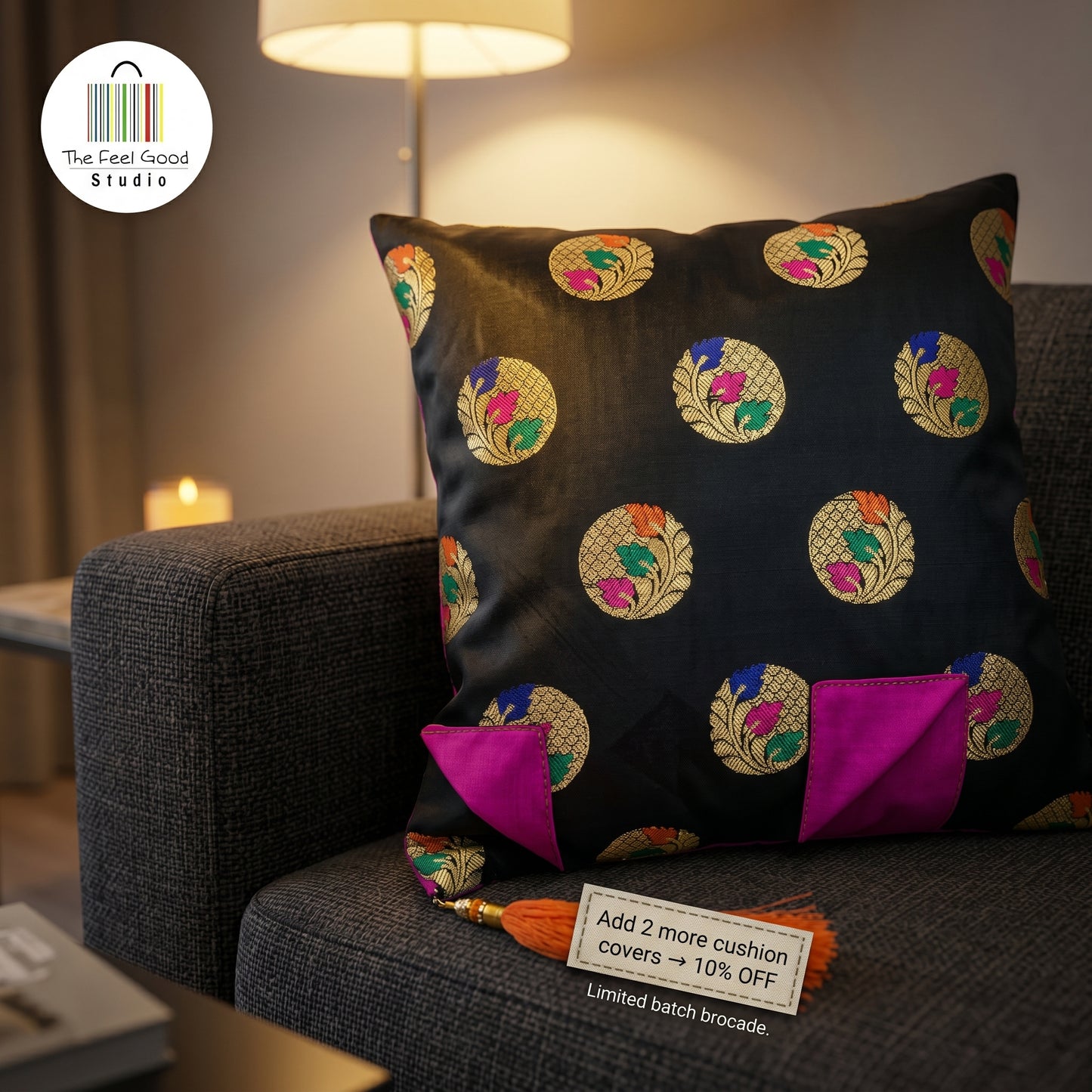 Luxe Brocade Ebony Cushion Cover