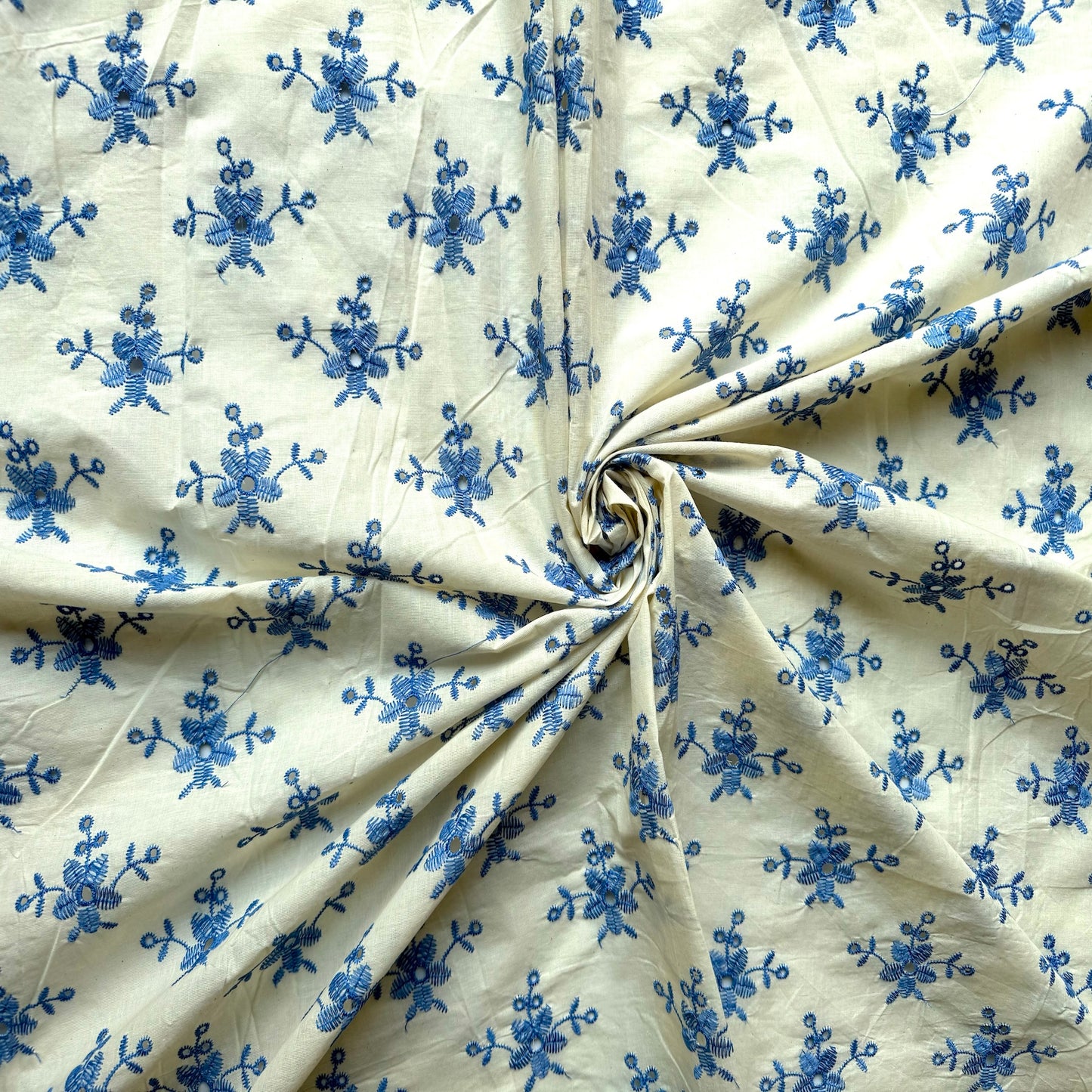 blue small flowers on off white hakoba running fabric.
