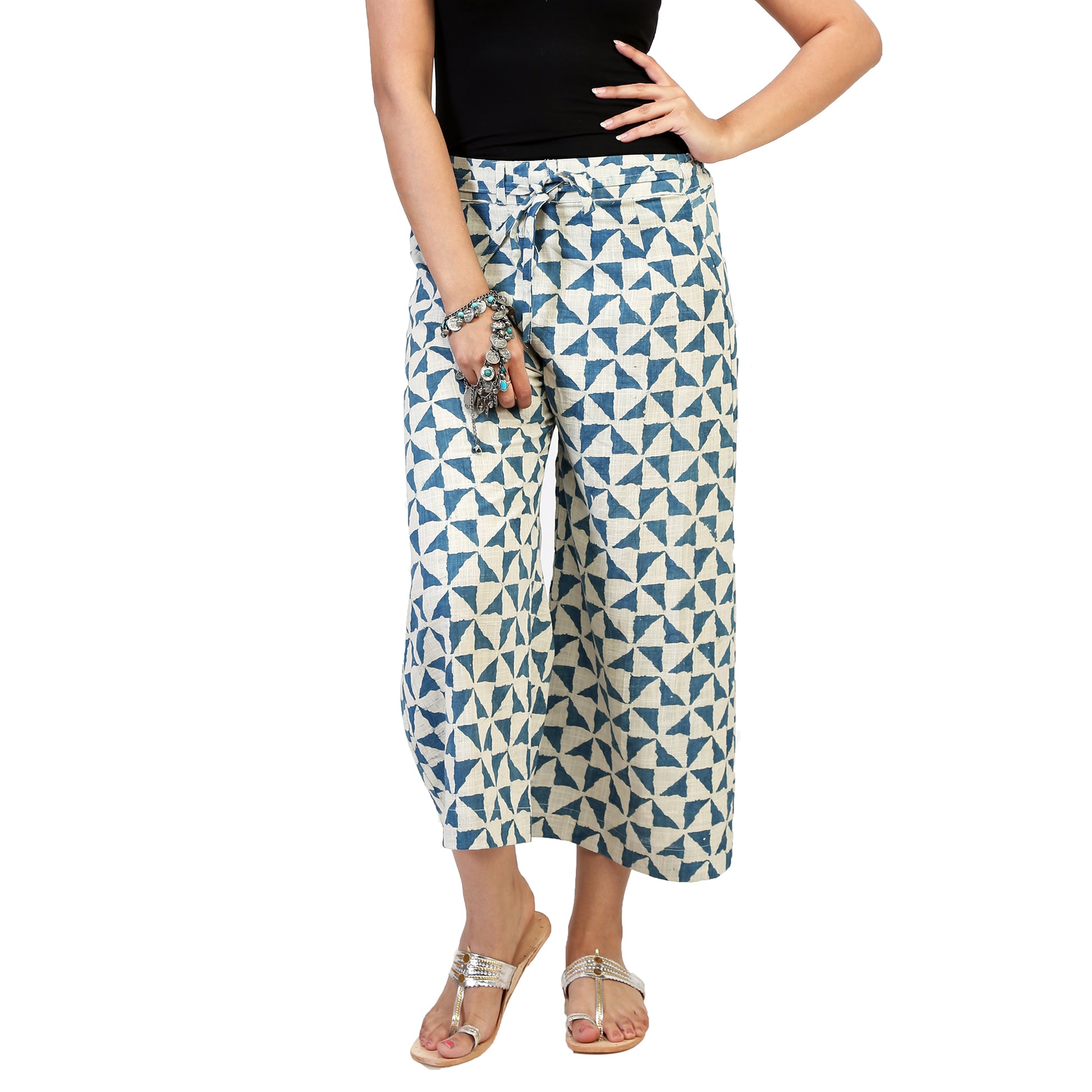 blue triangle print on white cotton palazzo pants for women