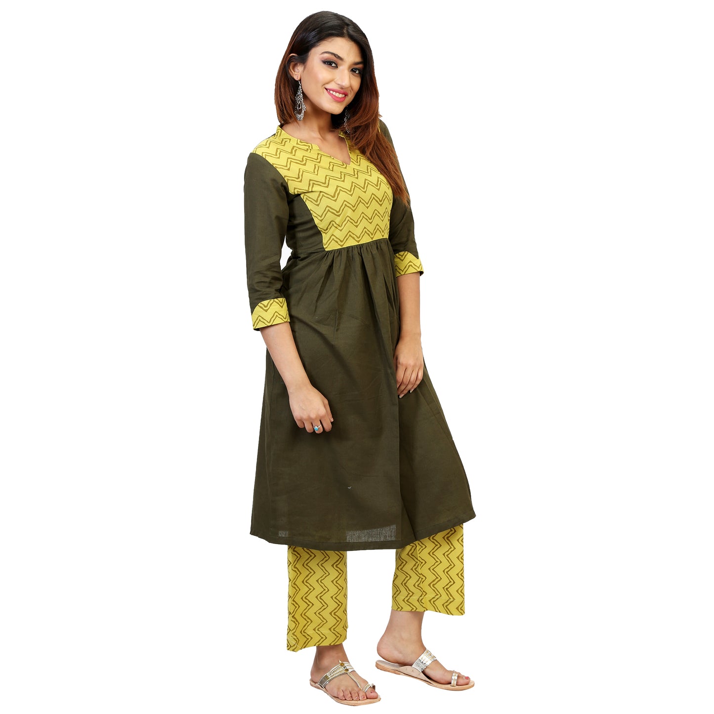 Trendy Mehendi Green Suit Set With Lime Palazzos