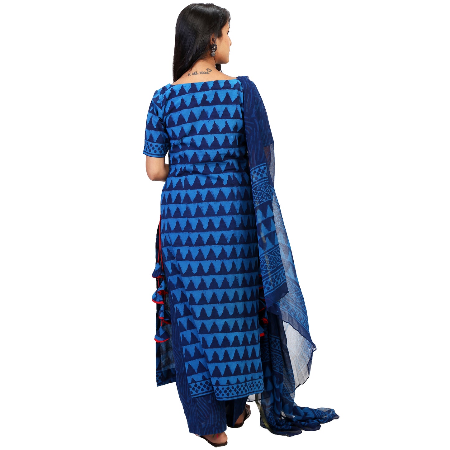 Indian Block Print Blue Suit Set With Pretty Tassels & Elegant Dupatta