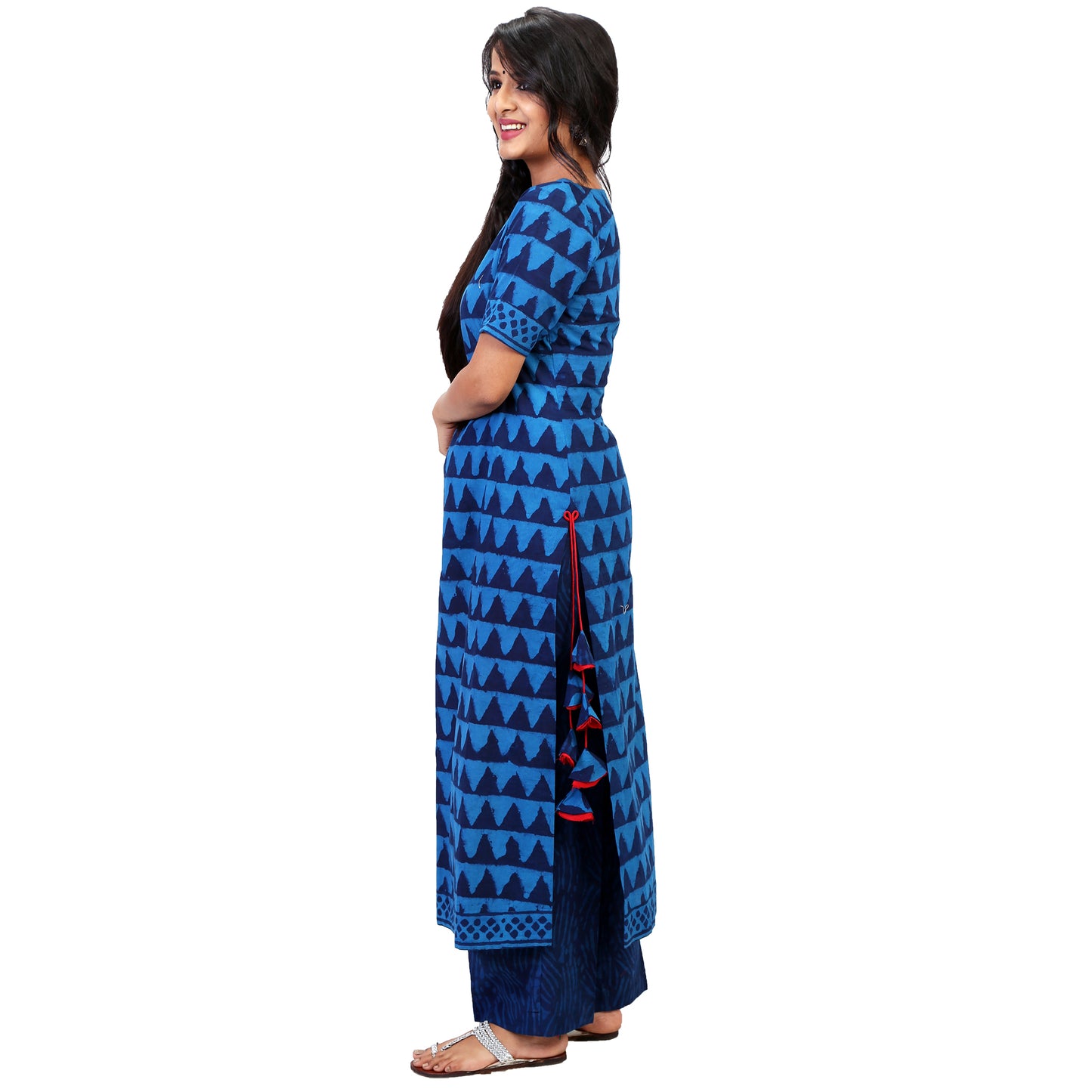 Indian Block Print Blue Suit Set With Pretty Tassels & Elegant Dupatta