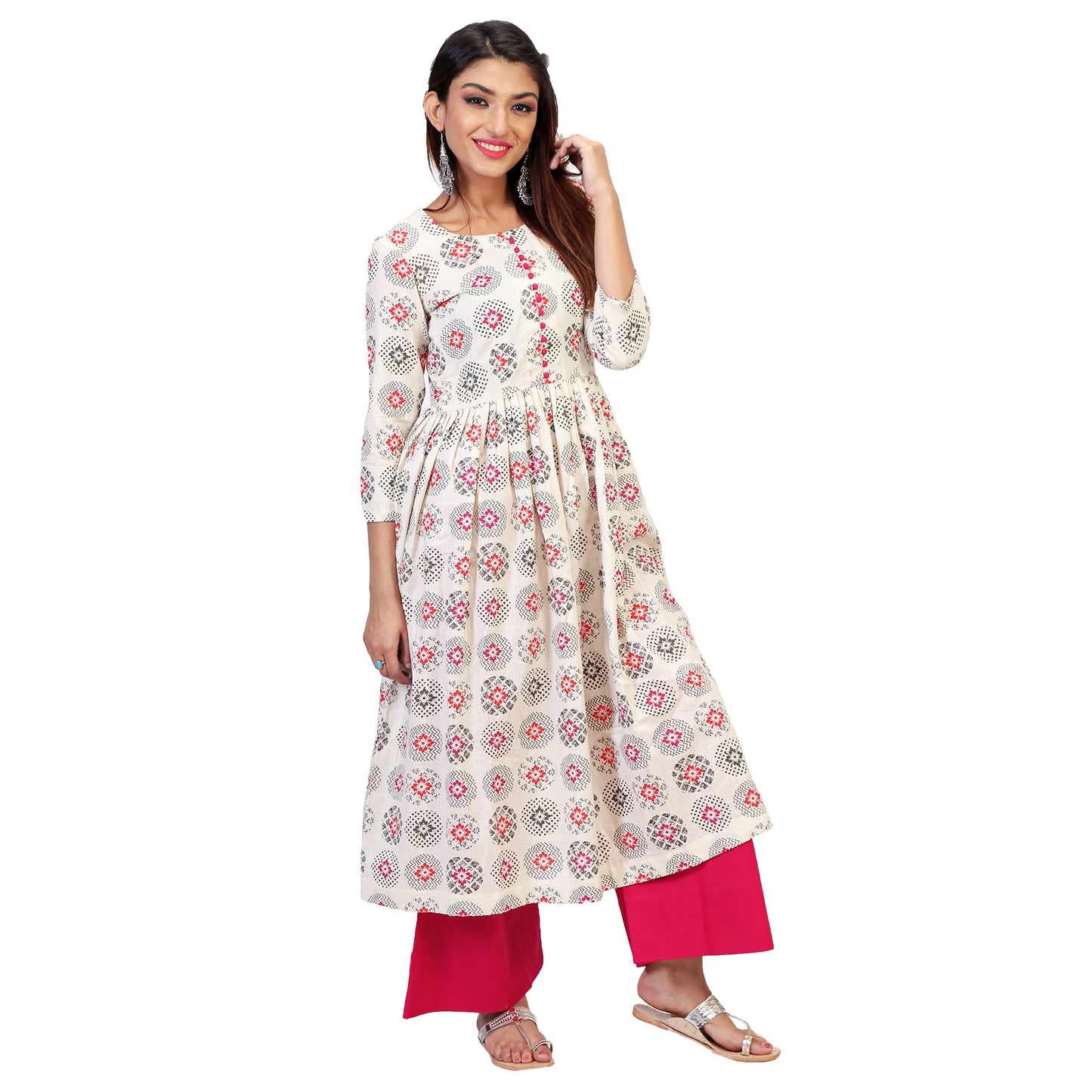 Handloom Cotton Anarkali Kurta Set With Pink Palazzos.
