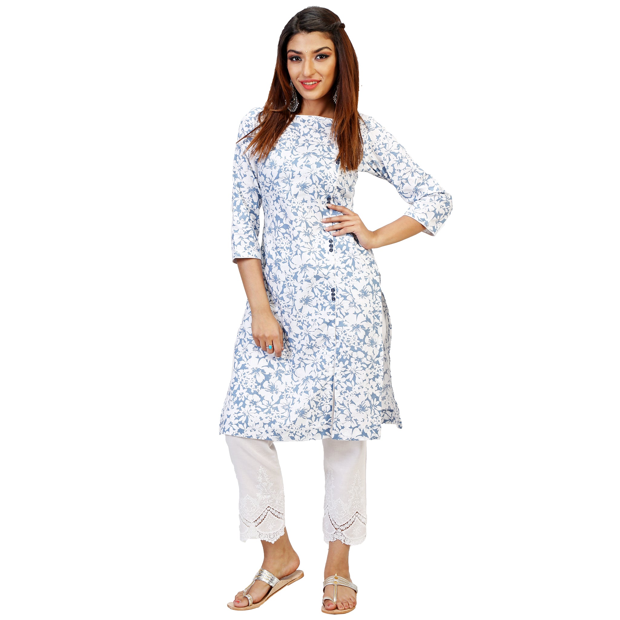 Spring Floral Kurta With Lacy Straight Pants