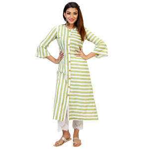 Green Triangle Print A-line Kurta With Cute Buttons