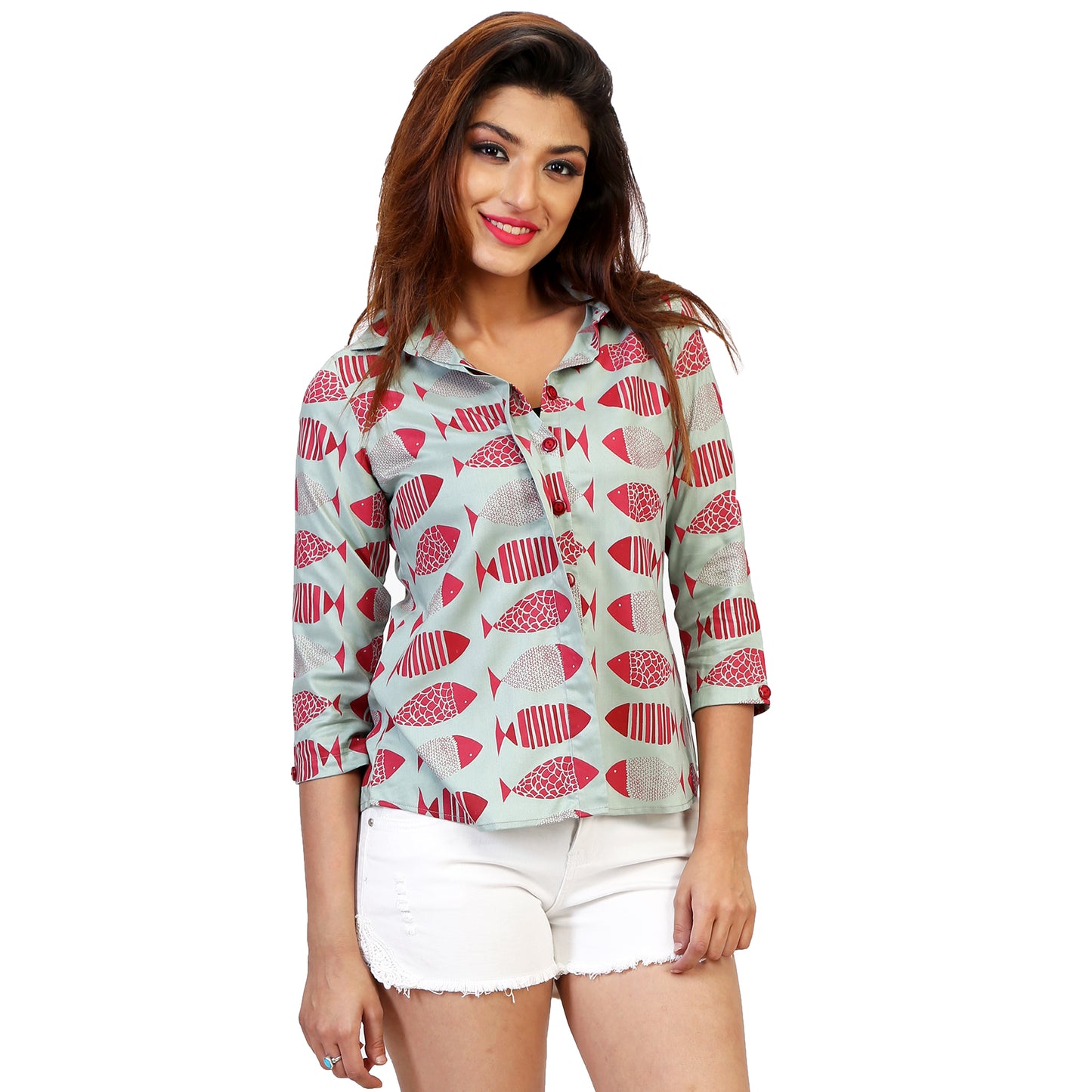 red fish print on green casual shirt for women