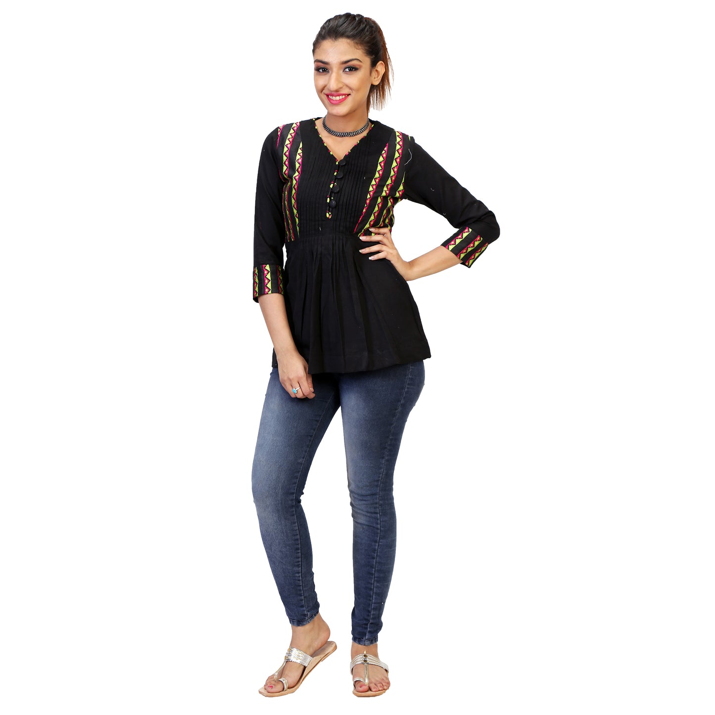 Midnight Black Top With Lacework & Button Detailing