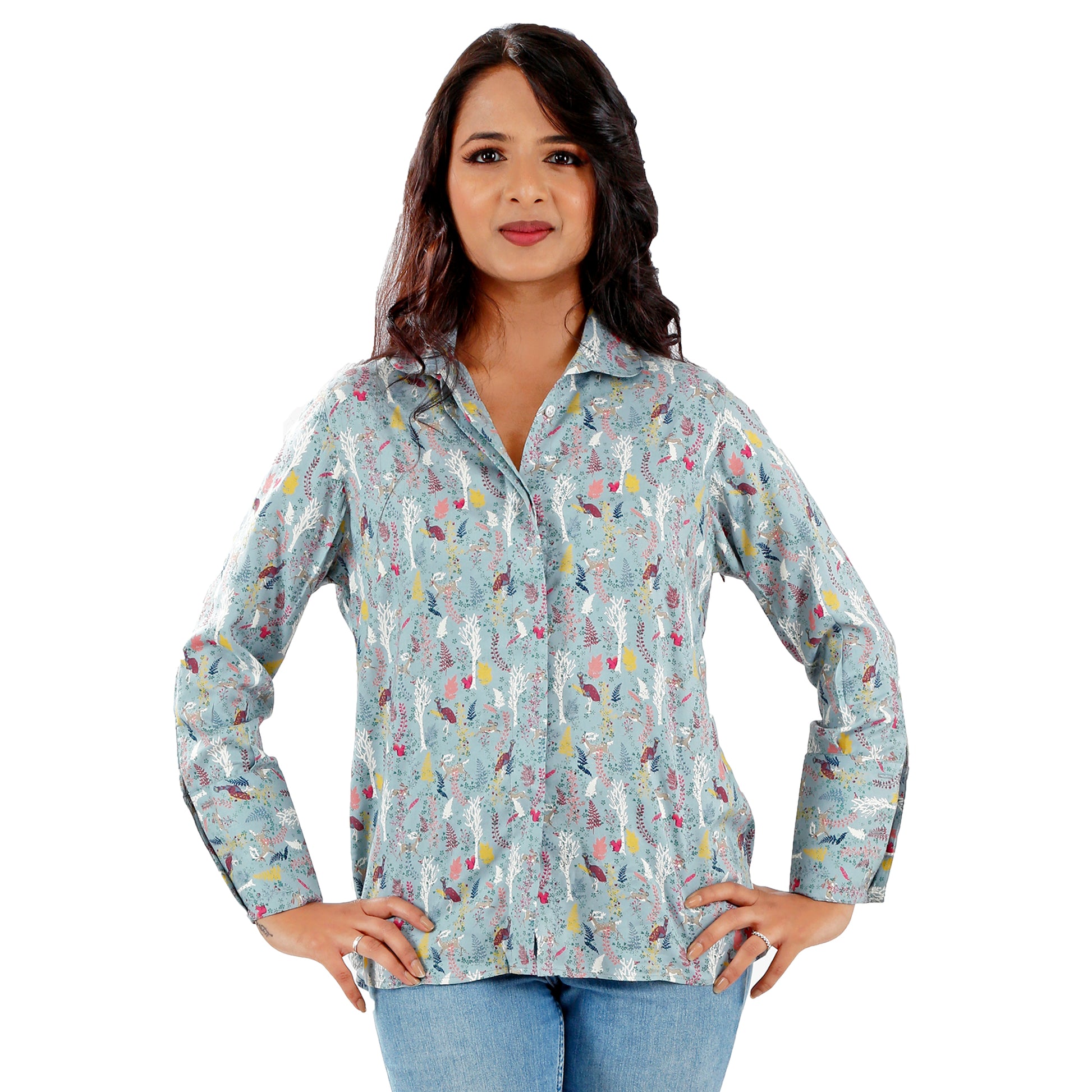 peacock print casual top for women in teal blue