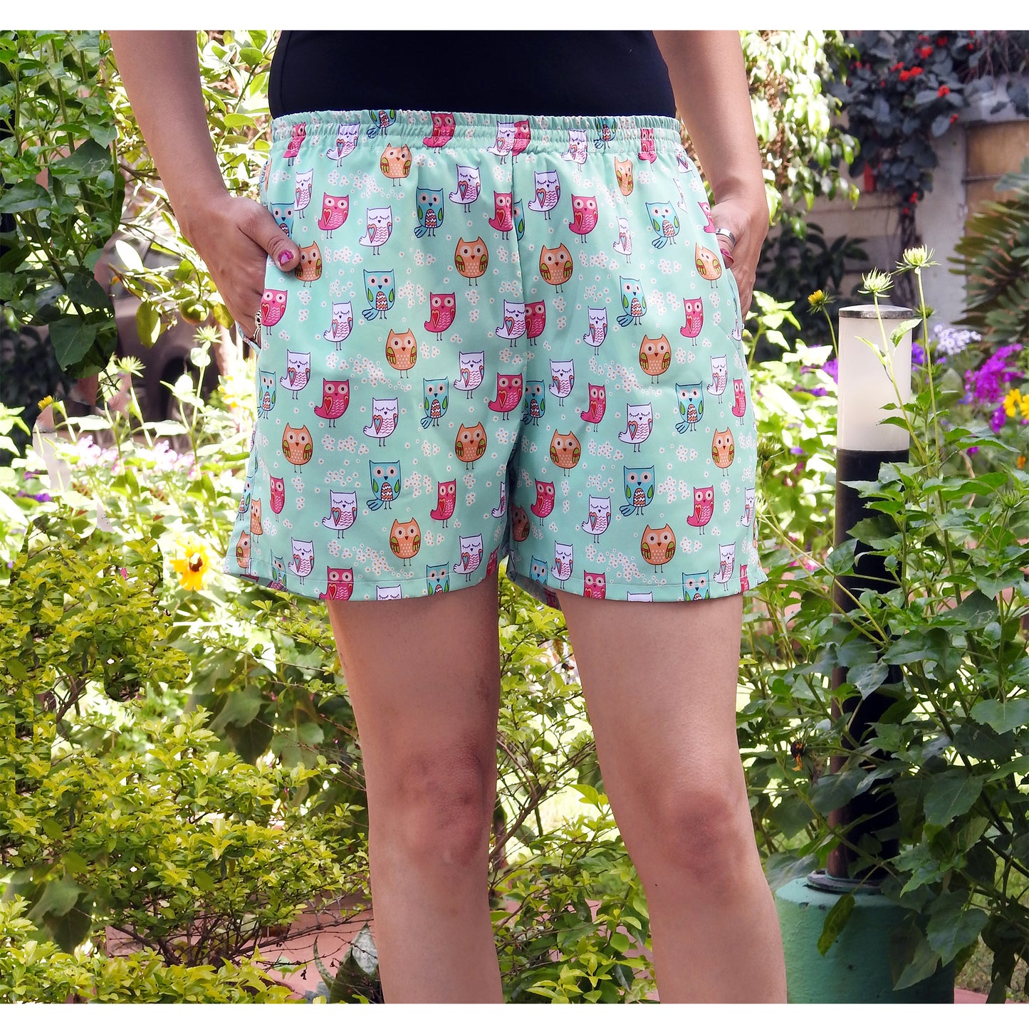 cute owl print shorts with pockets online  for women